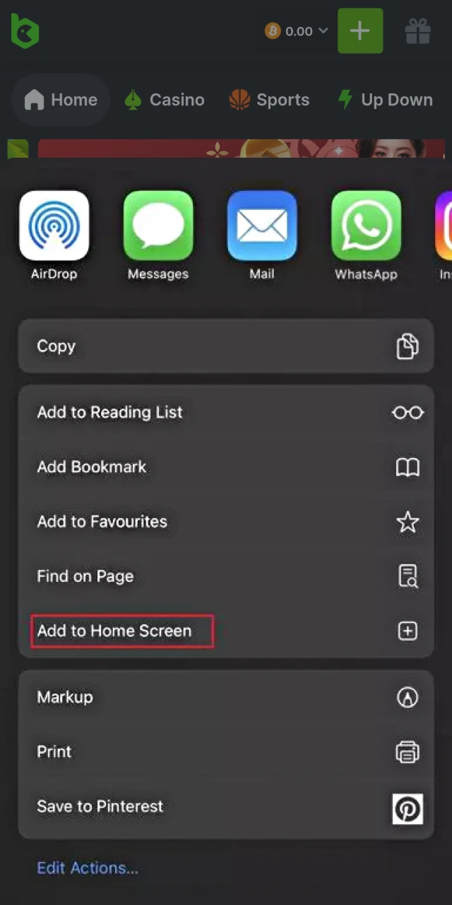Add the BC.Game website to the home screen of your iOS device.